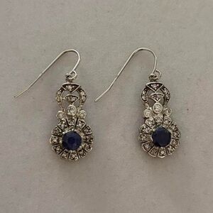YI 925 Sterling Silver Art Deco Style Faux Sapphire & CZ Diamond Dangly Earrings